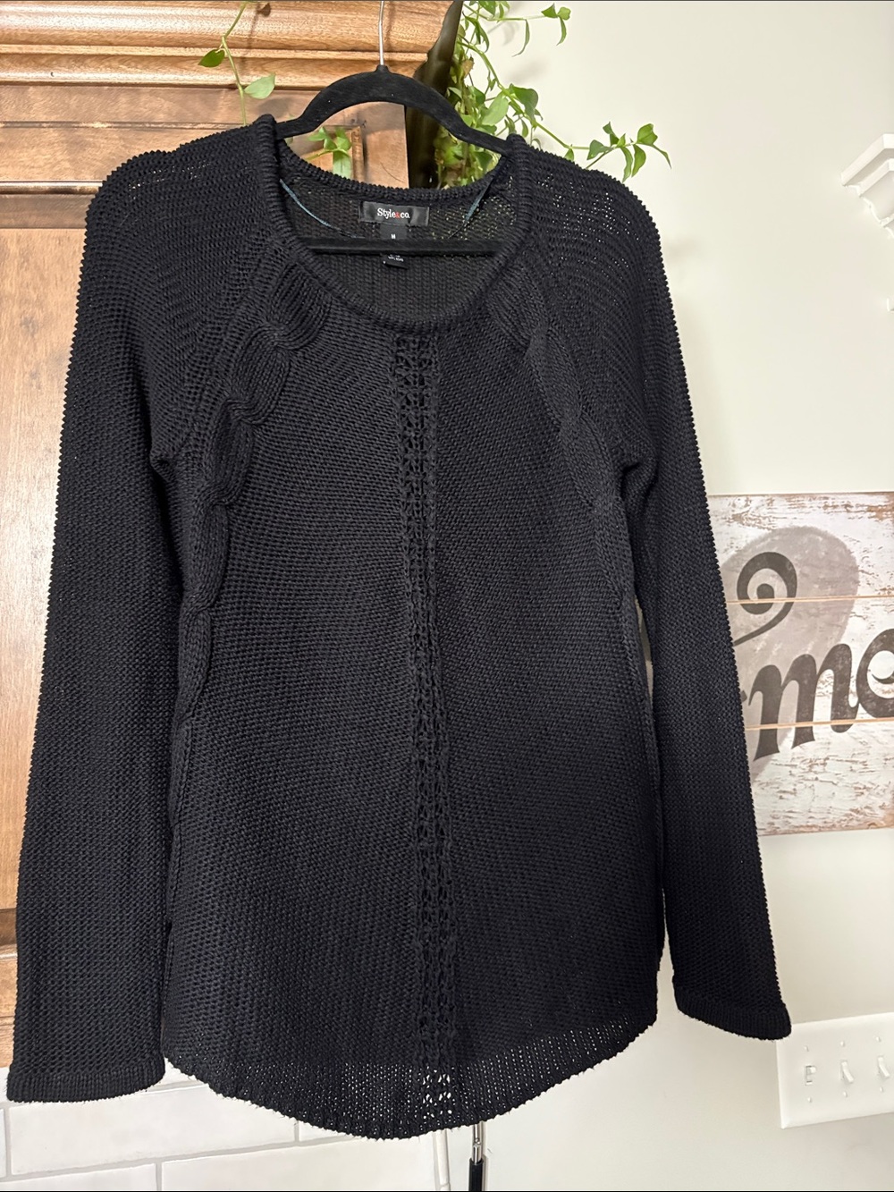 Style & Co. Black Cable-Detail Crewneck Sweater